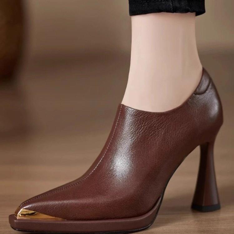 New Style Fashion Women's Single Shoes with Heels Metal Pointed Toe Thin Heels Deep Mouth Side Zipper Shoes Retro High Heels