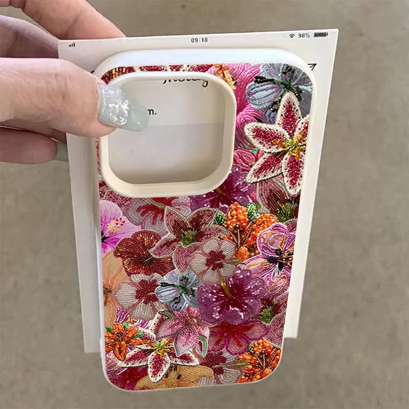 Luxurious Beaded Flower Lychee Texture Phone Case For iPhone 17 Air 16 e 15 14 13 12 11 Pro Max Plus SE Silicone Soft Cover