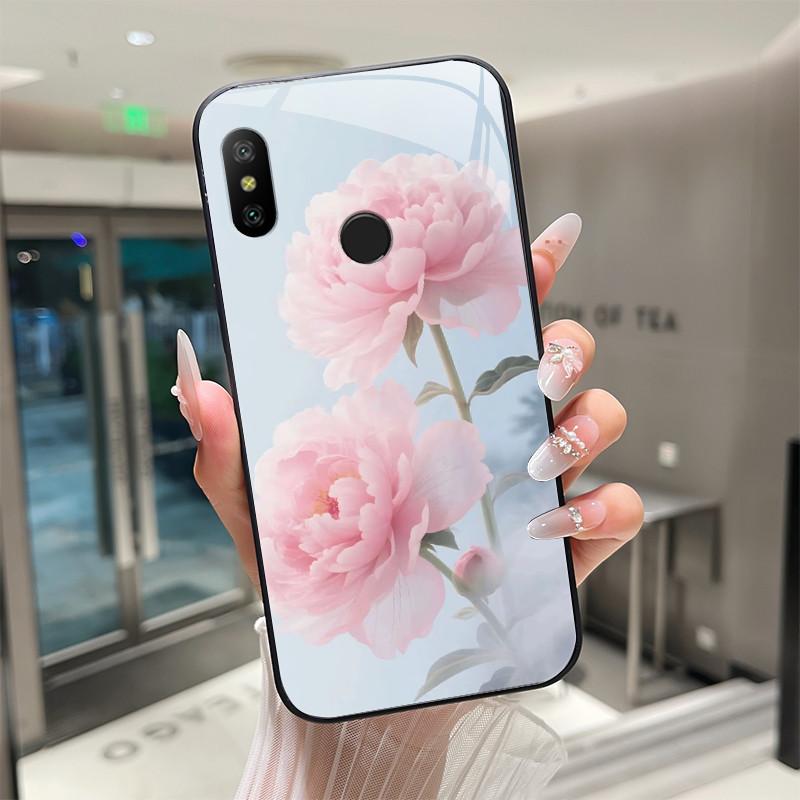 Beautiful Flower Cute Cartoon Cats Case For Xiaomi Mi A2 / Mi A2 Lite Tempered Glass Phone Case Protective Back Cover Hard Shell