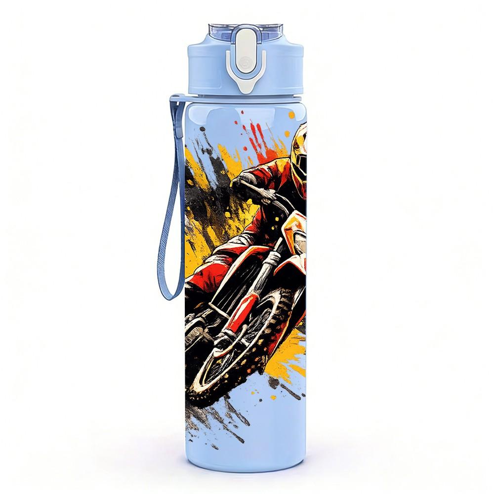 1 ud. Impresión Artística Splash de Velocidad para Motociclista Botella de Agua Deportiva de Plástico de Color de 750 ml Tapa con Pitorro Abatible Antifugas Adecuada para Deporte Oficina Uso en Casa