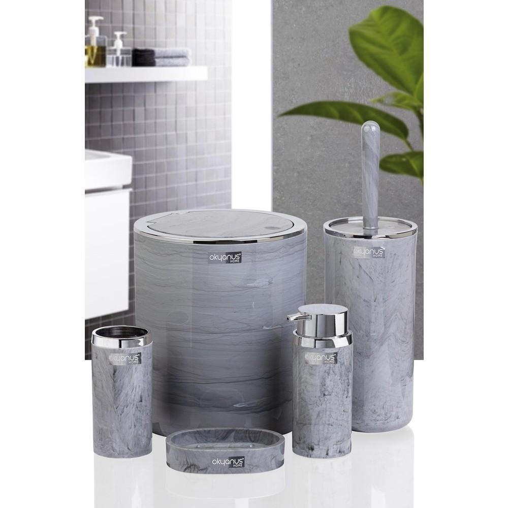 Kromlu Yuvarlak Mermer Desenli 5'li Banyo Seti