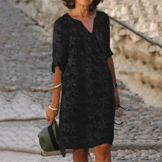 Women Summer Dress Mid Sleeves V-neck Solid Color Loose Pullover Daily Wear Flower Print Casual Lady Midi Dress Female Clothes