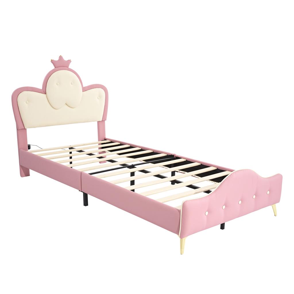 Upholstered Bed, Children's Bed, with Soft Protective Edges, Monochrome LED Strip, Headboard with Crown, Single Bed, PU, Pink+White, 90x200CM