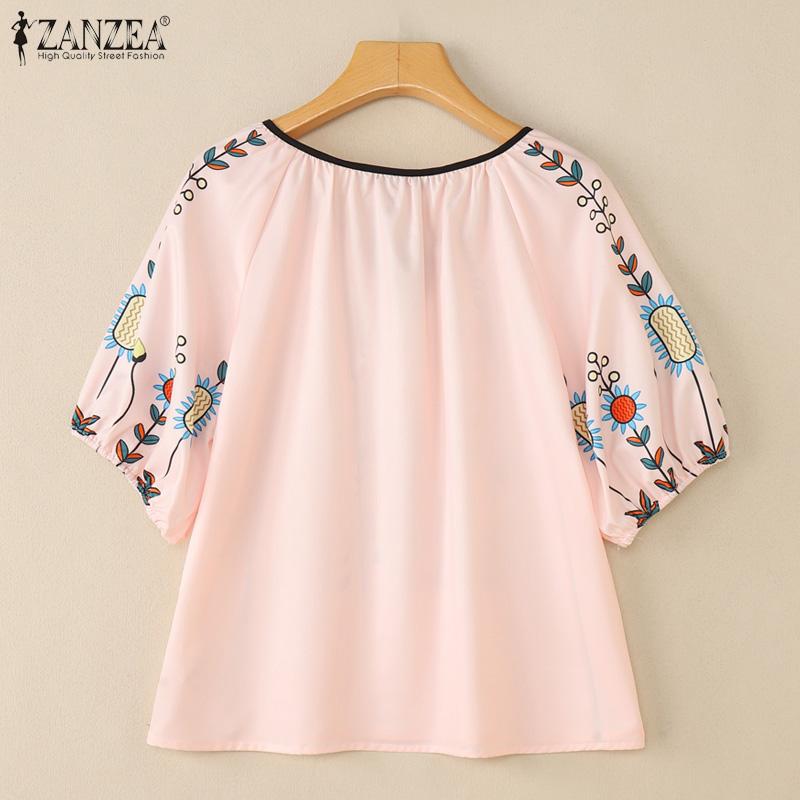 ZANZEA Blusa Feminina Casual de Gola Redonda Solta Manga 3/4 Estampada