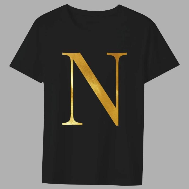 Fashion T-shirt Black Men's 26 English Letters Gold Printing Pattern Series Casual Round Neck Commuter Comfortable Top T-Shirts Men’s