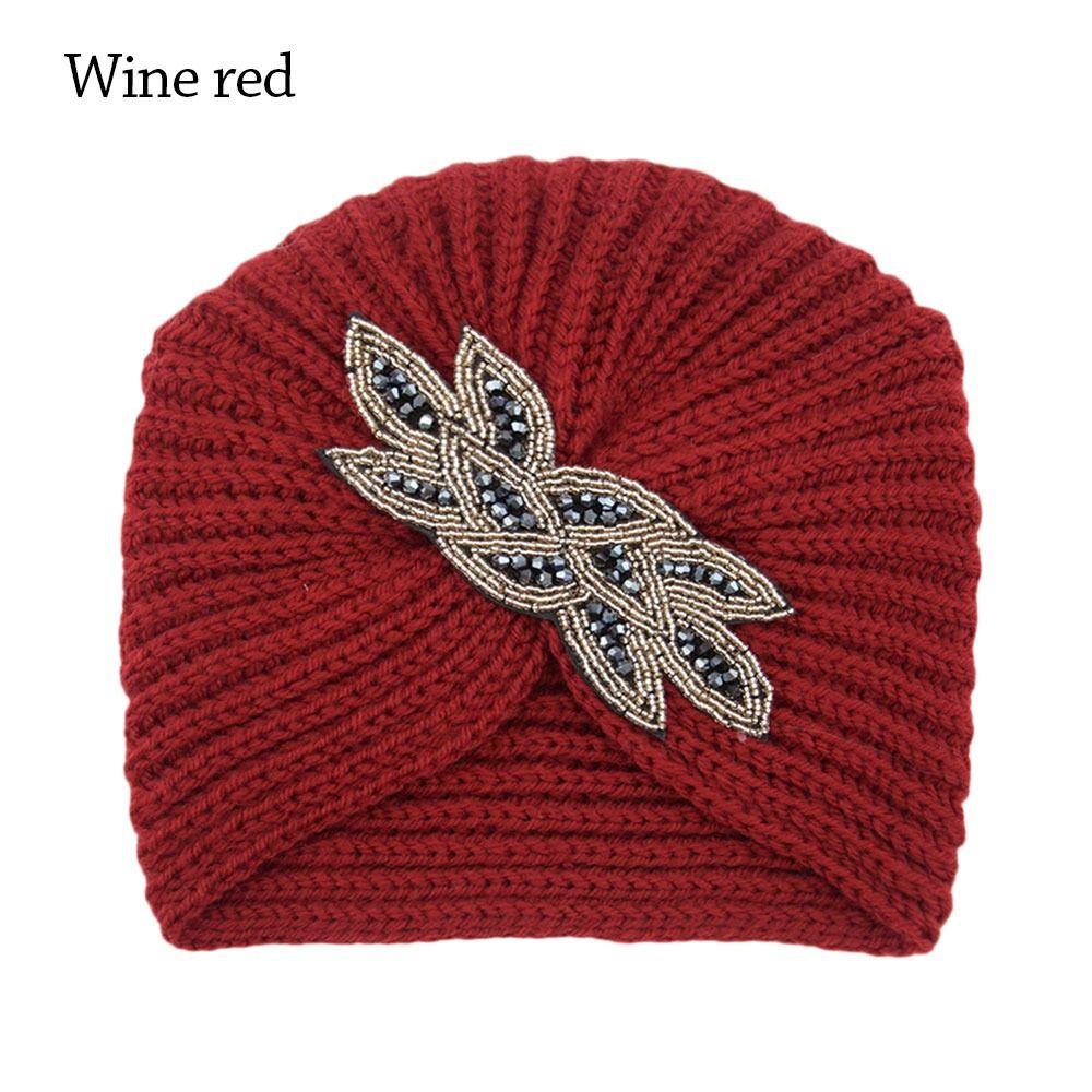 

Winter Warm Hijab Caps Soft Knitted Hats Fashion Bohemia Turban for Women вина червоного кольору