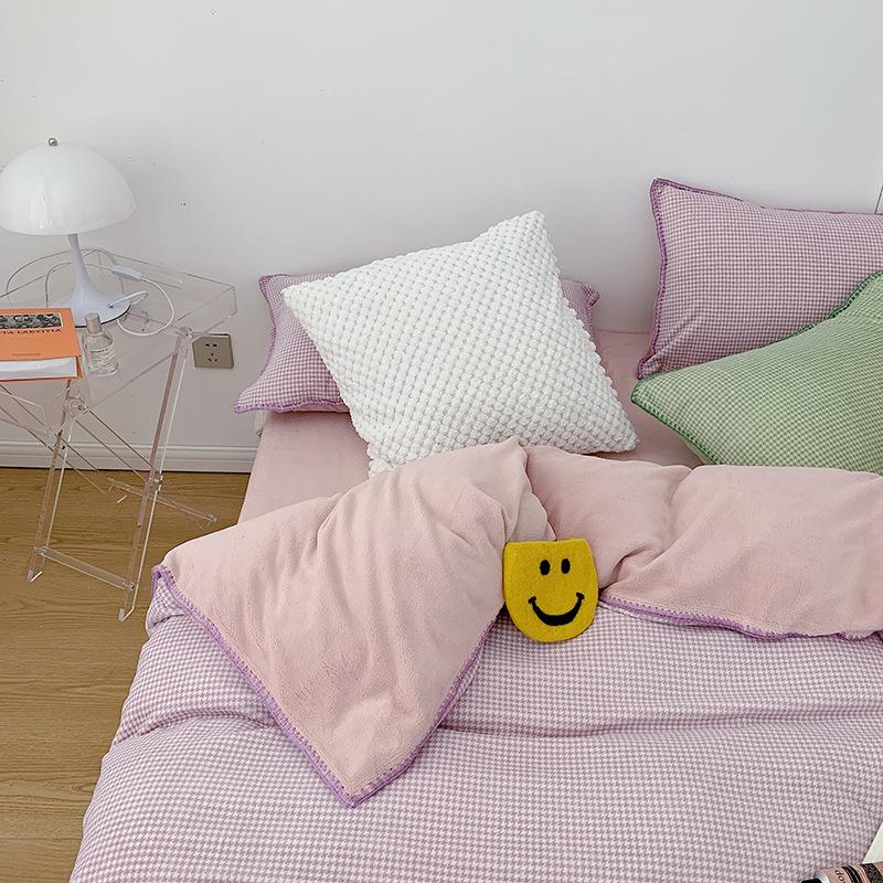 Thickened Milk Fleece Nordic Simple Small Thousand Bird Grid Bed Four-Piece Coral Fleece 1.5M 1.8 Double-Sided