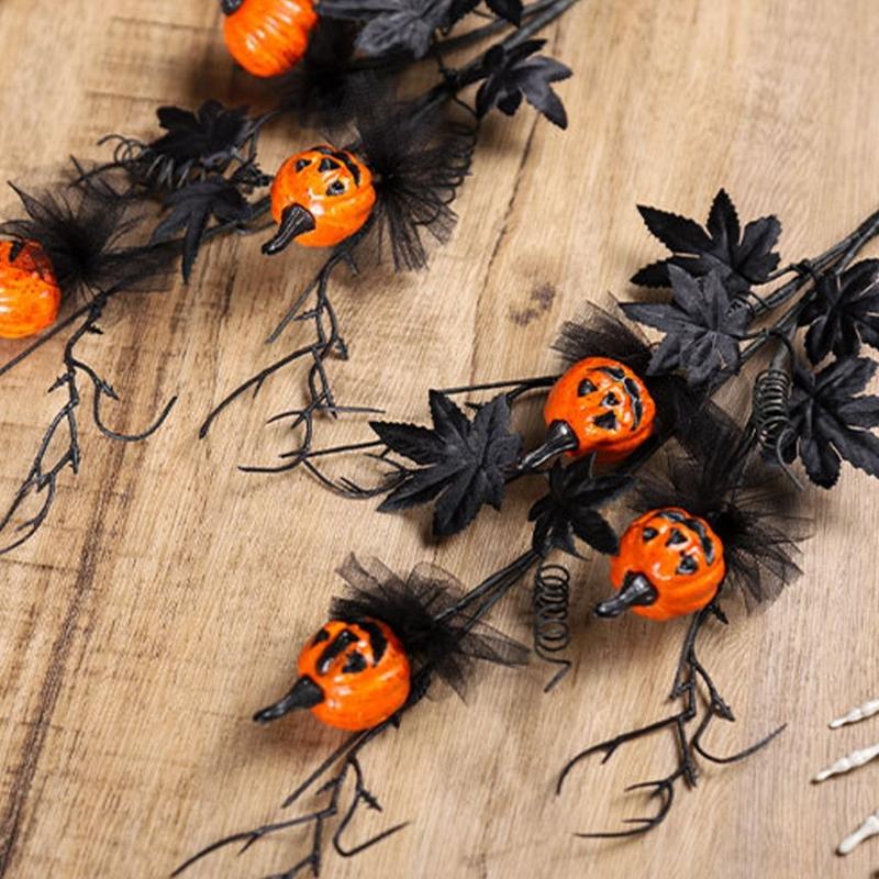 Halloween Plant Arrangement Realistic Flower Stem with Artificial Pumpkin and Black Leaf for Party Table Centerpieces