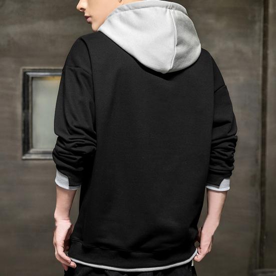 Men Hoodie Contrast Colors Drawstring Casual Long Sleeve Thick Loose Autumn Hoodie for Daily Wear