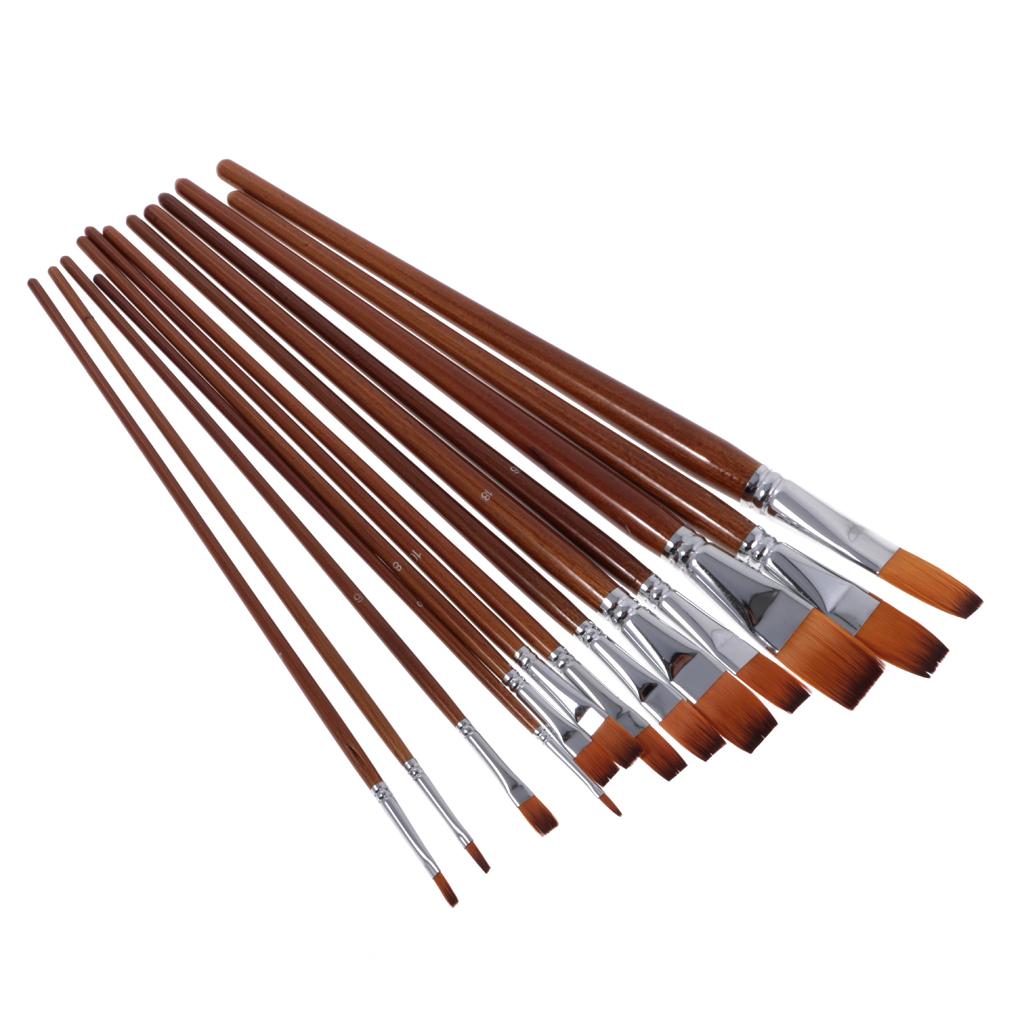 13 Pieces Artists Paint Brushes Set Wooden Handle Nylon Hair