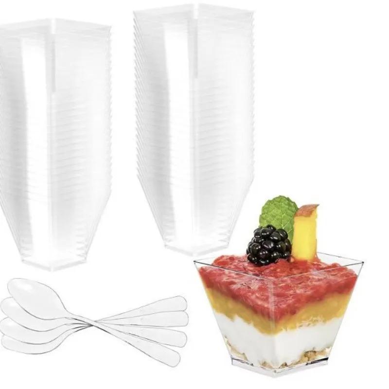 50 Stück quadratische Mini-Dessertbecher mit Löffel, 60 ml, Parfait-Vorspeisenbecher, wiederverwendbare Servierschüssel, Dessertschalen für Pudding-Mousse