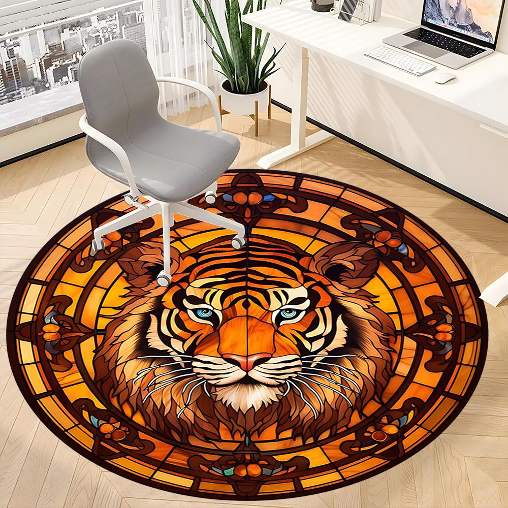 1 Stück Tiger Buntglas Büro Runder Teppich, Indoor-Matte Geeignet Für Büro, Unter Bürostühlen Schlafzimmer Wohnzimmer Heimdekoration, Raumdeko