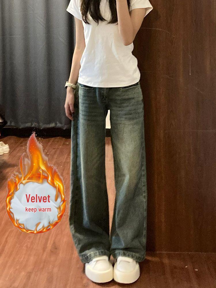Women's American Retro Fleece-Lined Wide Leg Jeans - Autumn/Winter High Waist, Slimming, Loose Fit, Straight Leg Pants