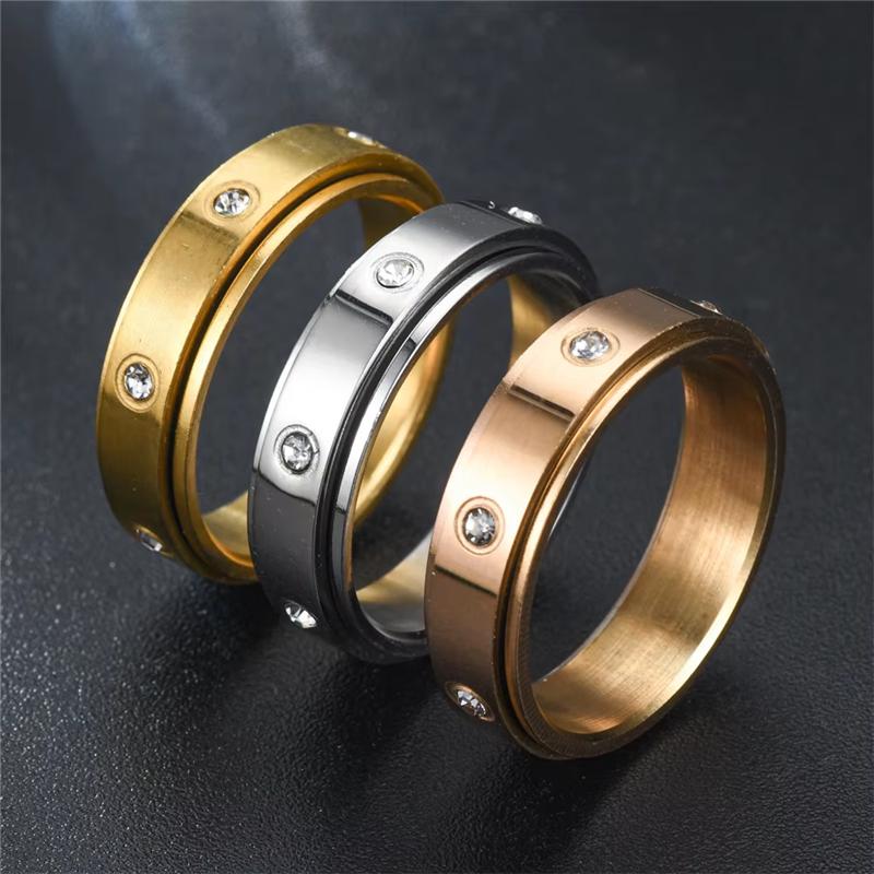 Fidget Spinner Ring Anxiety for Men Women Inlay Zircon Gold Color Rotating Rings 2025 Stainless Steel Anti Stress Zircon Bague