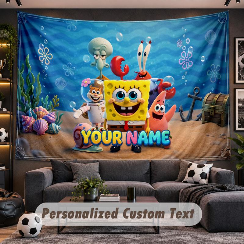 Wall Hanging Tapestry Custom NameSpongeBob Pattern Personalized Printed Fabric Wall Decor
