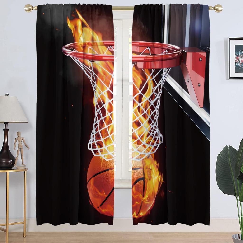 AAtter Basketball Window Curtains Boys Sports Mens Teen Black Kids Red Dark Orange Cool 3D Ball Flame Gamer Long Living Room