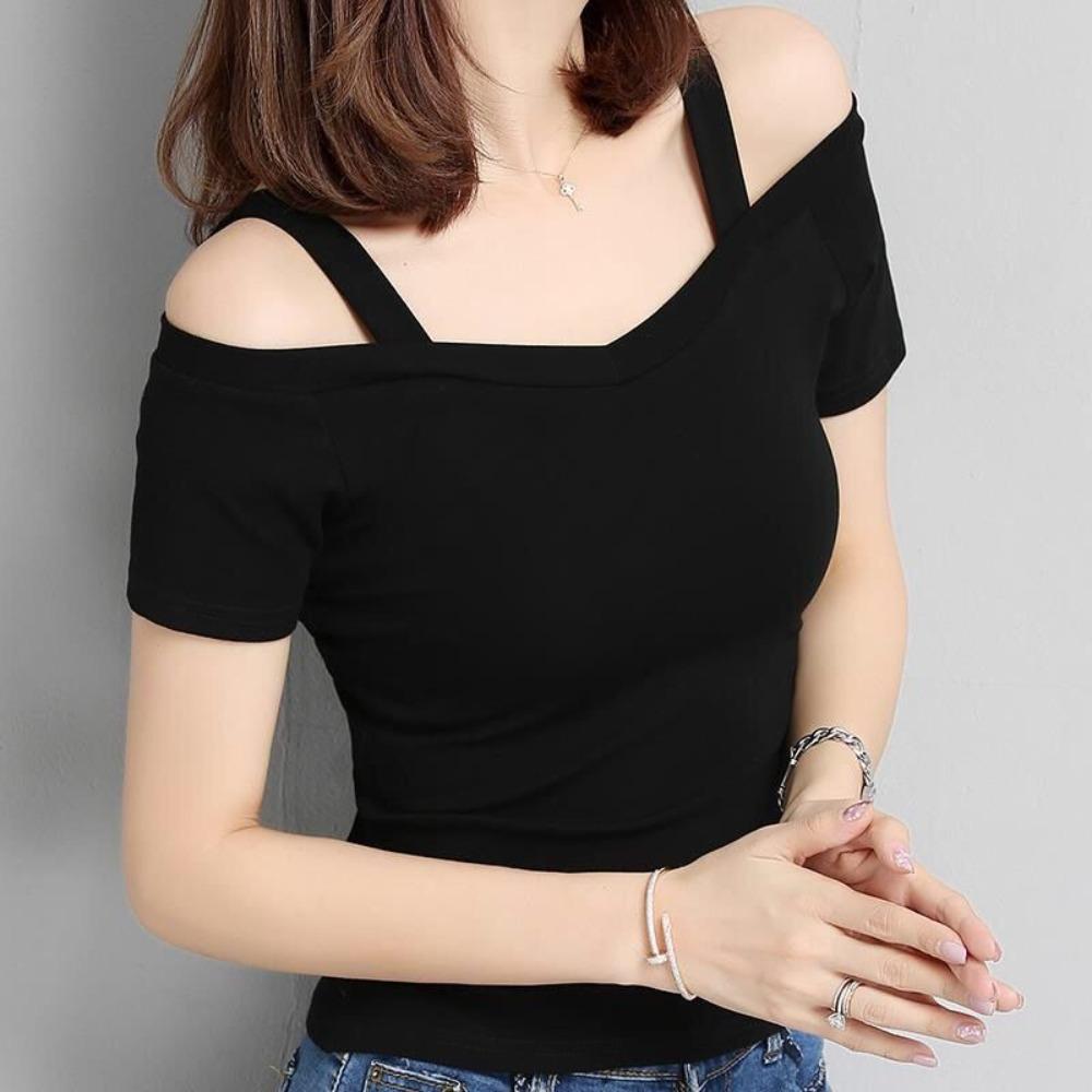 Women s Off Shoulder Short Sleeve Crop Top Slim Fit Commuter Solid Color Spaghetti Strap Pullover Tee M