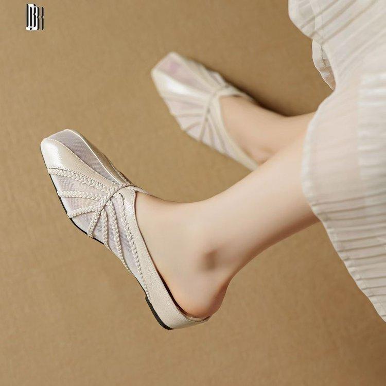 French Light Luxury Mesh Yarn Breathable Bag Head Half Slippers Women's 2025 New New Chinese Square Head Inner Height Increase Medium Heel Sandals