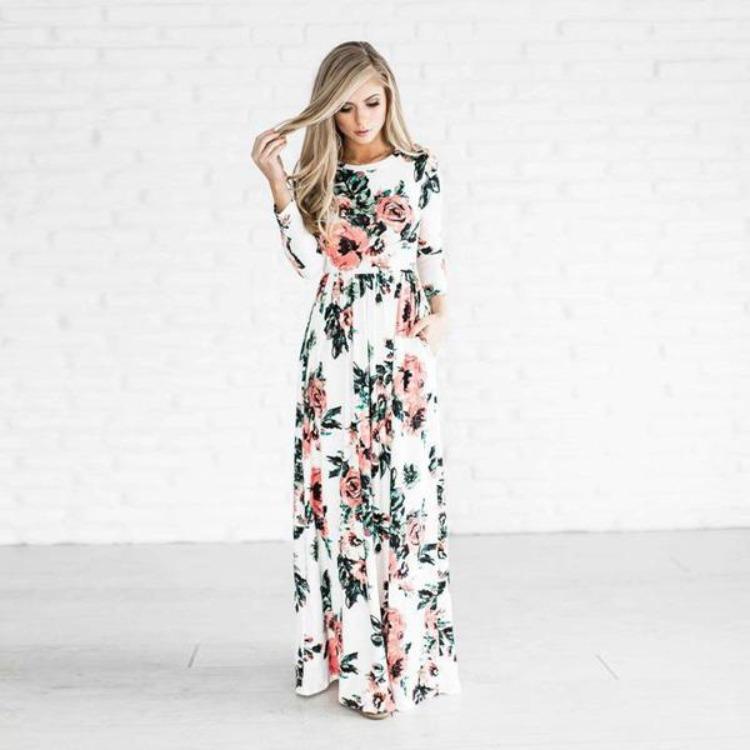 Kwiatowy Print Damska Letnia Sukienka Maxi Boho Plażowa Długa Sukienka Wieczorowa Tunika