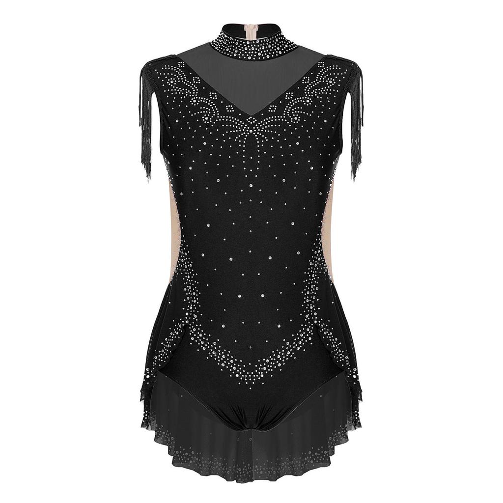 Mädchen Glitzernde Strasssteine Tanz-Body Stehkragen Ärmellos Unsichtbarer Reißverschluss hinten Durchsichtiges Mesh Patchwork Einteiler