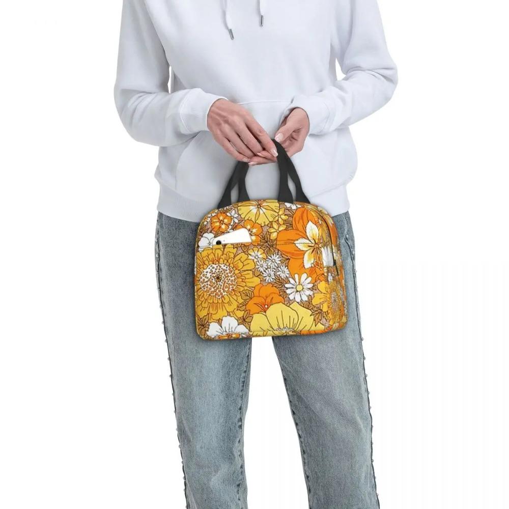 Orange And Yellow Flowers Pattern Insulated Lunch Bag for Women Children Leakproof Food Boxes Thermal Lunch Box Tote