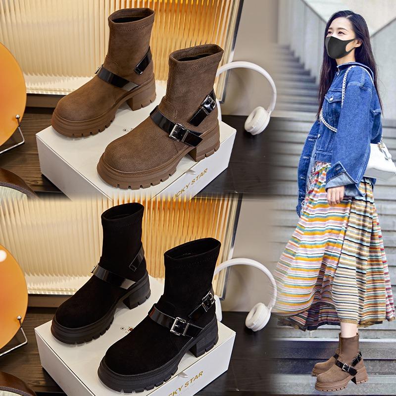 New stretch socks boots autumn and winter thick heel short boots women's versatile Martin boots women's fashion art trend boots