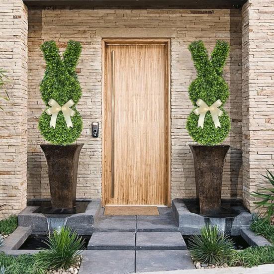 Easter Bunny Topiary Tree Garden Stake Rabbit Shaped Artificial Topiary with Bow Indoor Outdoor Porch Easter Holiday Party Decoration