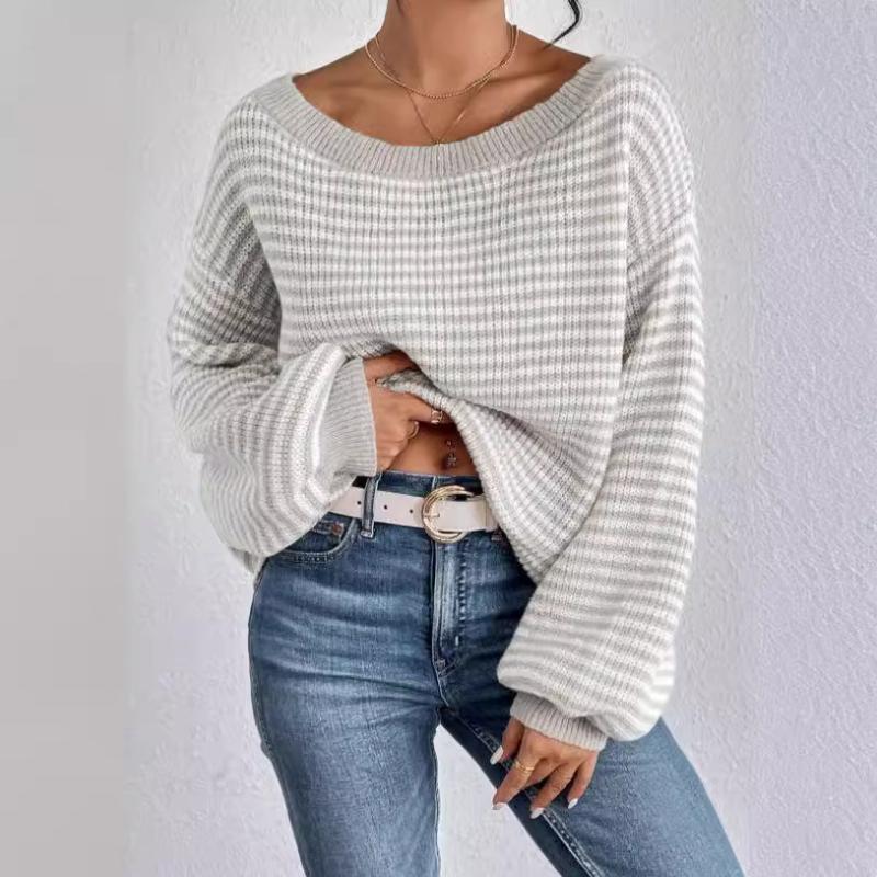 Dam Off Shoulder Randig Stickad Tröja Lös Casual Långärmad Pullover Topp