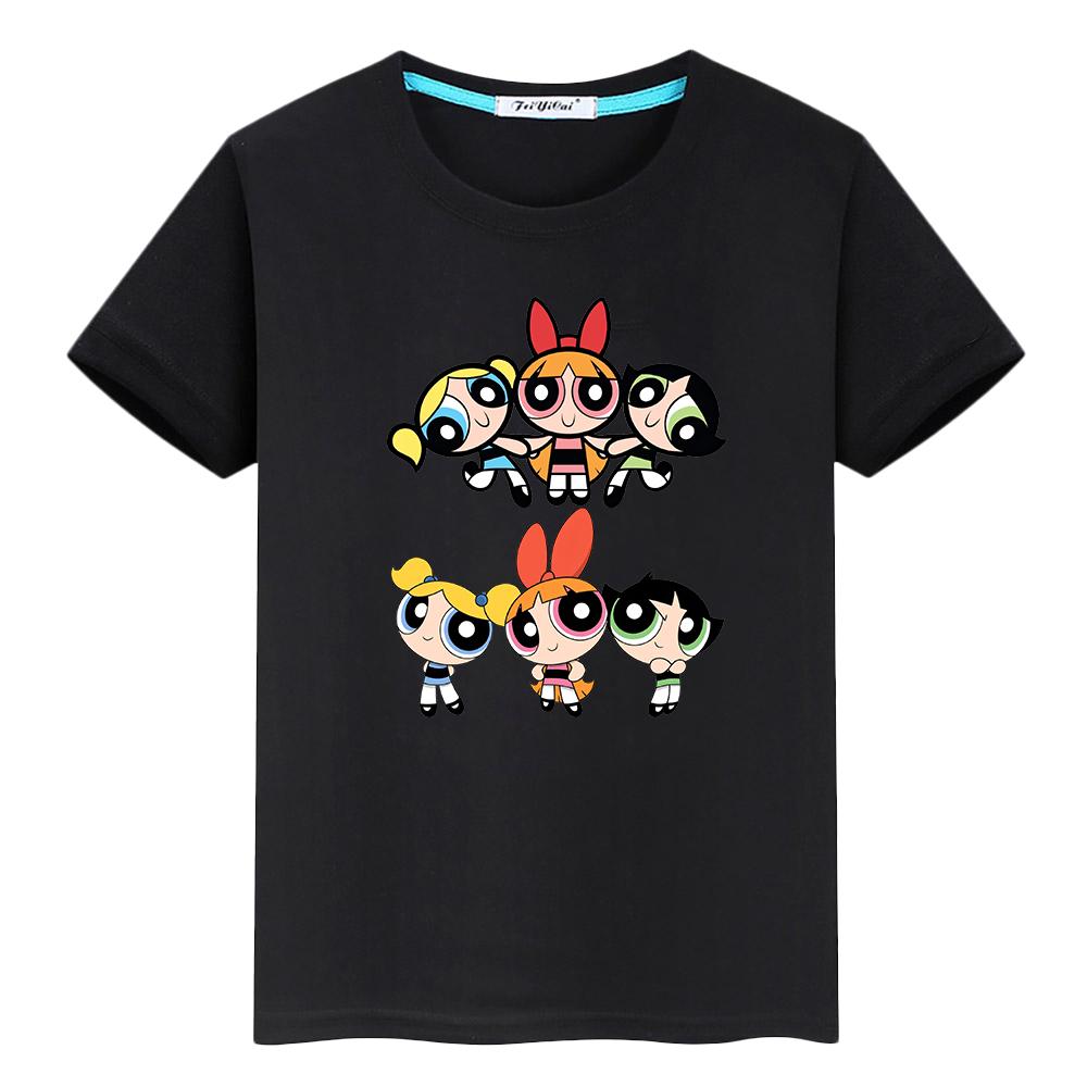 Kawaii Powerpuff Girls Print  T Shirt for Kids Boy 100% Cotton Tops Anime Tshirt  Y2k One Piece Girl Clothes