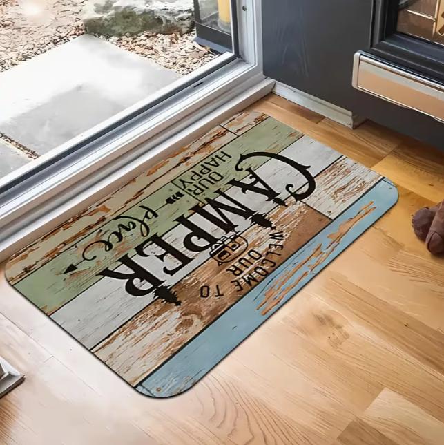 

Camping Mat Welcome To Our Happy Camping Site Design with Floral Pine Trees and Multifunctional Polyester Mat Style Decoration 40cm x 60cm