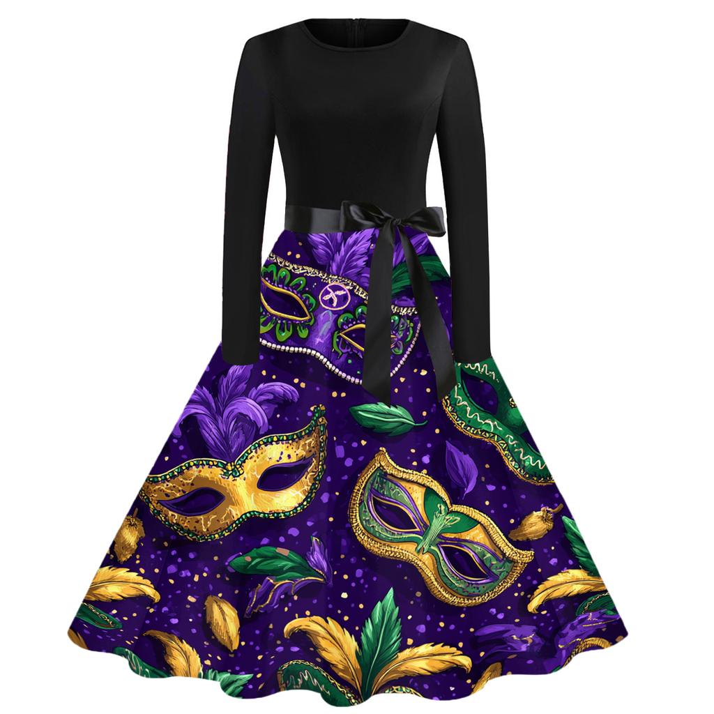 Damen Casual Mode Rundhals Karneval Bedrucktes Vintage Kleid