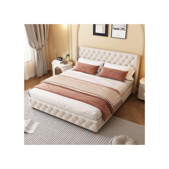 Lit capitonné - MUVOE - 160x200 cm - Lin beige - Sommier à lattes - Pieds en bois rond