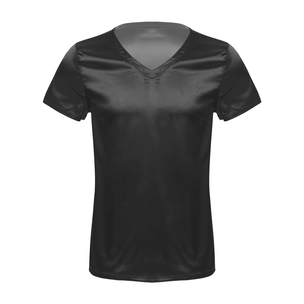 Herren V-Ausschnitt Satin Schlafshirt Lockere Passform Kurzarm Loungewear Weiche Bequeme Nachtwäsche Einfarbiges Pyjama-Oberteil
