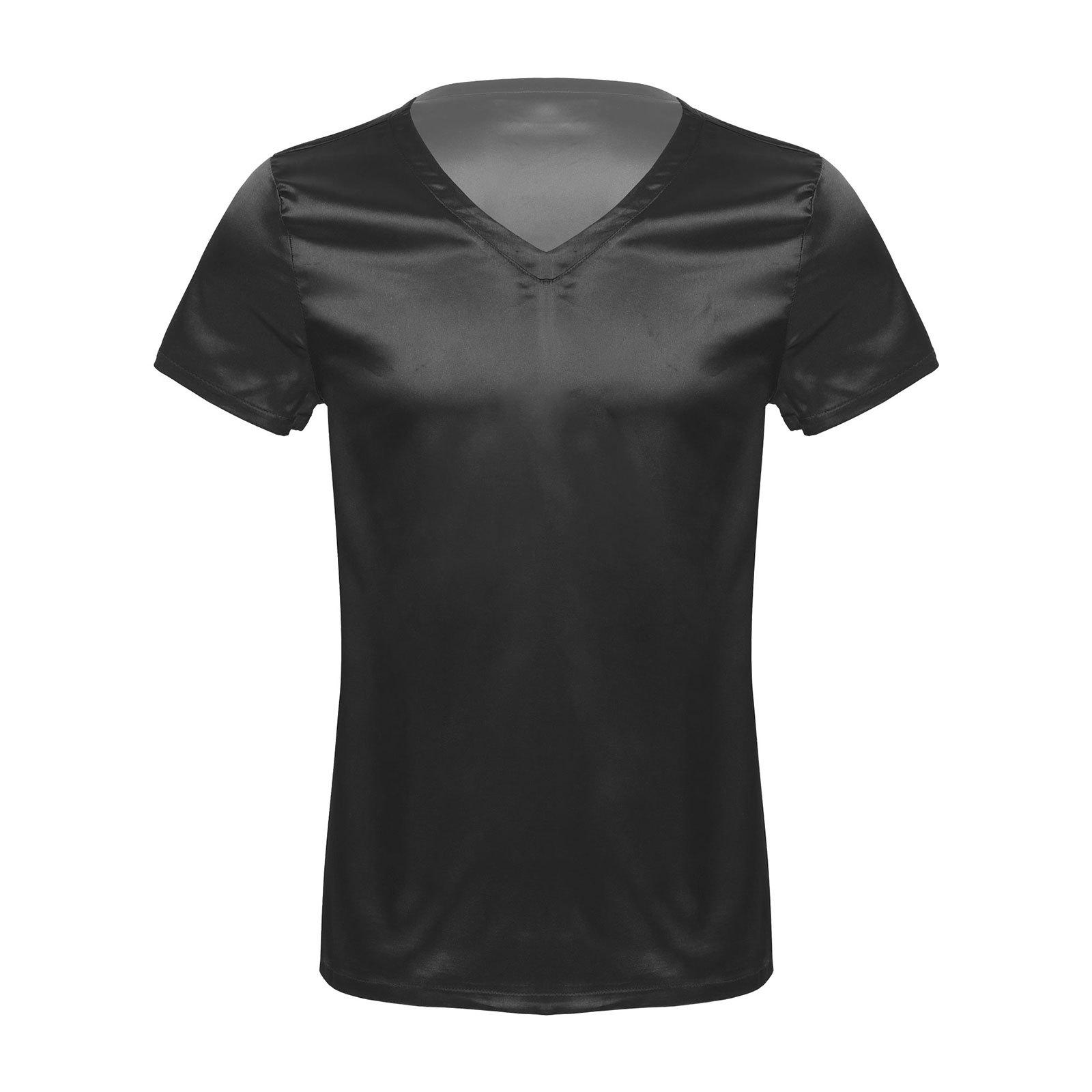 

Мужская атласная пижама с V-образным вырезом, свободный крой, короткий рукав, домашняя одежда, мягкая, удобная, однотонная пижама, топ M чёрный