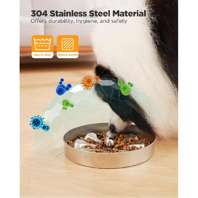 Slow Feeder Dog Bowls – Stainless Steel Non-Slip Metal Bowl for Slow Feeding, 5 Cups Large Capacity, Double-Sided Design for Dry, Wet, or Raw Food,