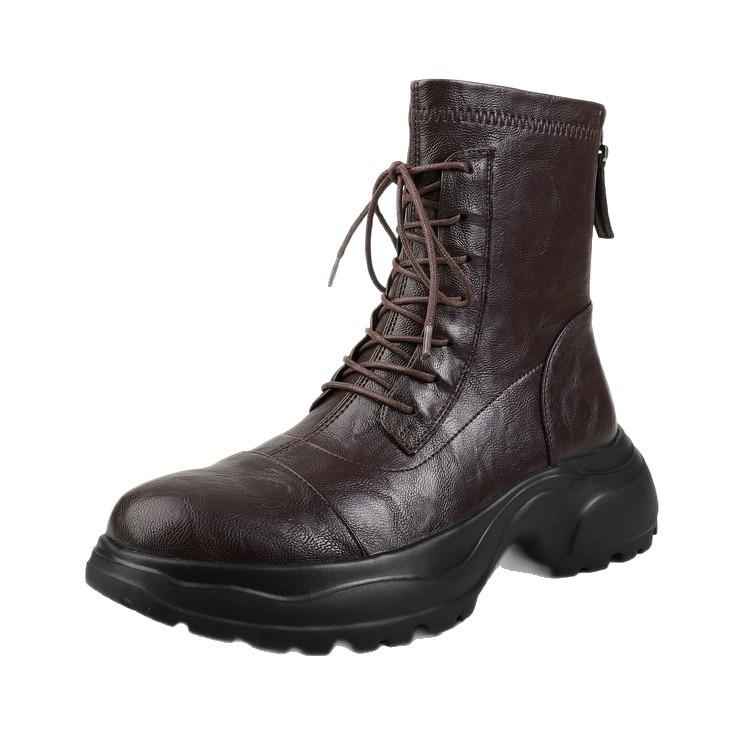 Round Head Thick-soled Thick-heeled Martin Boots Women's 2025 New Autumn and Winter Velvet Soft Leather Muffin Bottom Rear Zipper Elastic Short Boots