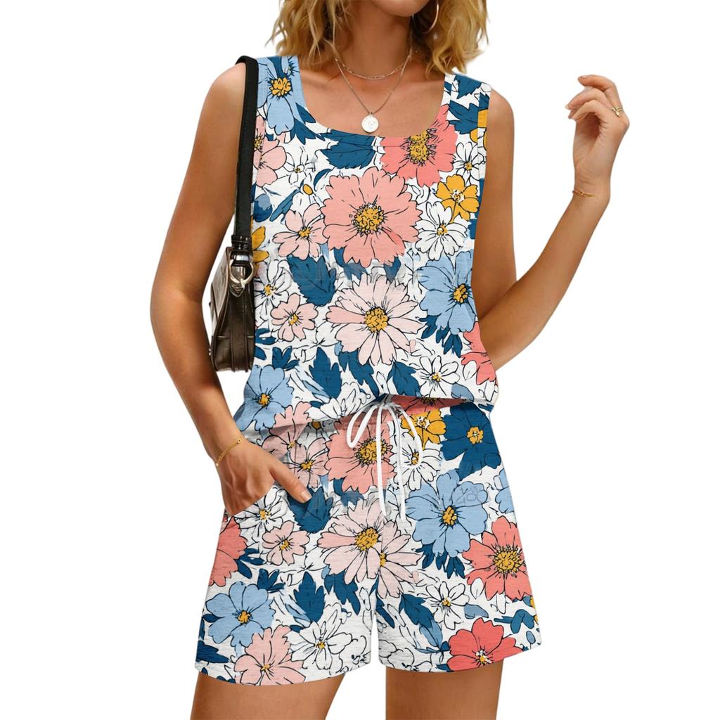 Women's Summer Casual Floral Print Tank Top Square Neck Sleeveless Sportswear Set with Pockets Shorts Two Piece Outfit