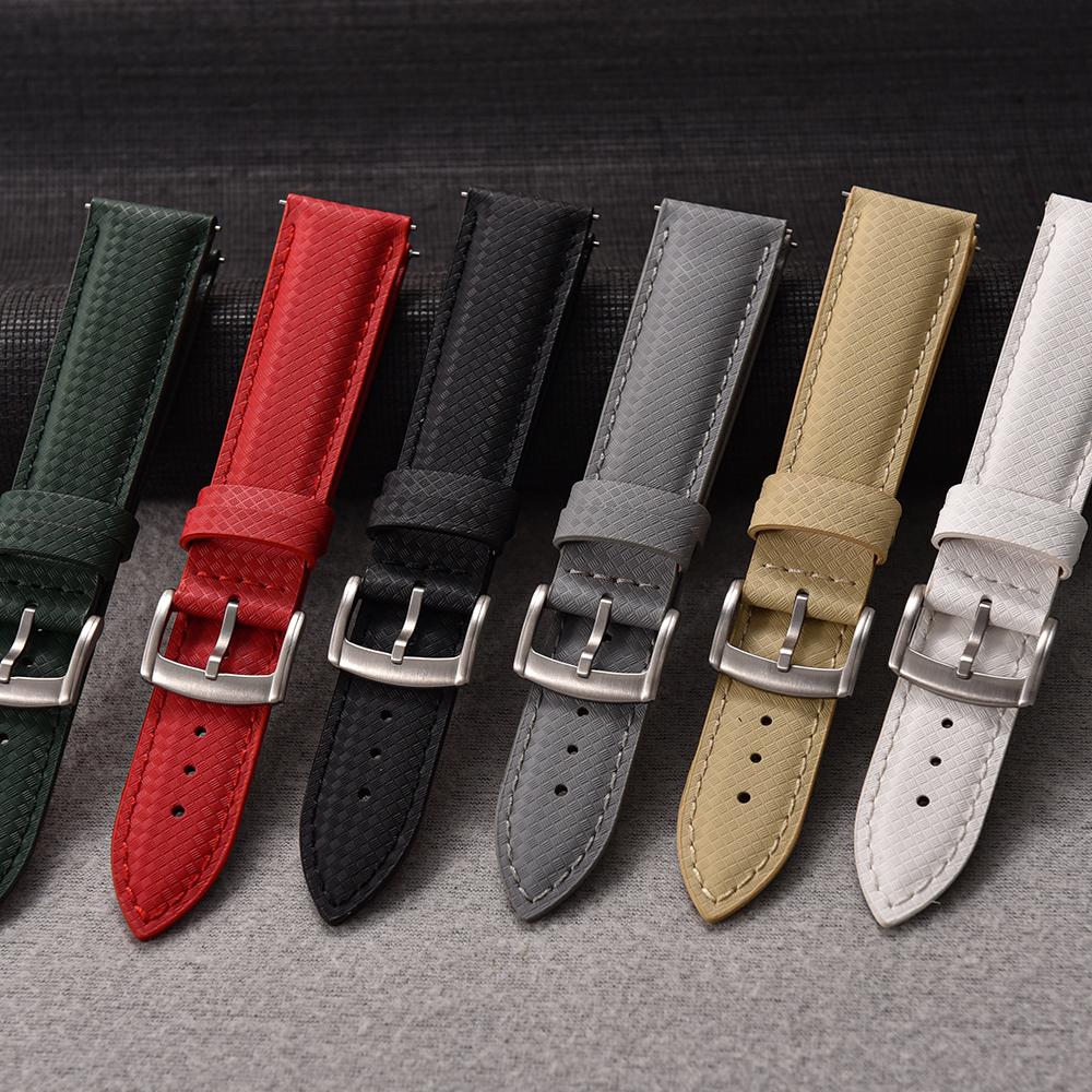 STAPELP 18mm 19mm 20mm 22mm Sailcloth Strap FKM TOP+Leather Base Tropical Texture Rubber Watch Bands Quick Release Pin Buckle