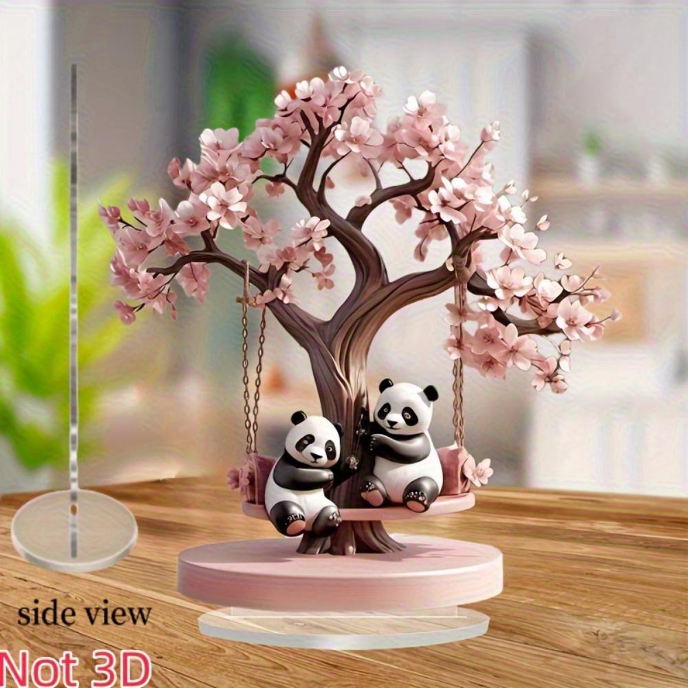 Swing Tree Couple Panda Table 2D Flat Acrylic Decorative Ornament Sculpture - for Desk, Bedroom, Living Room,  for Christmas and Halloween