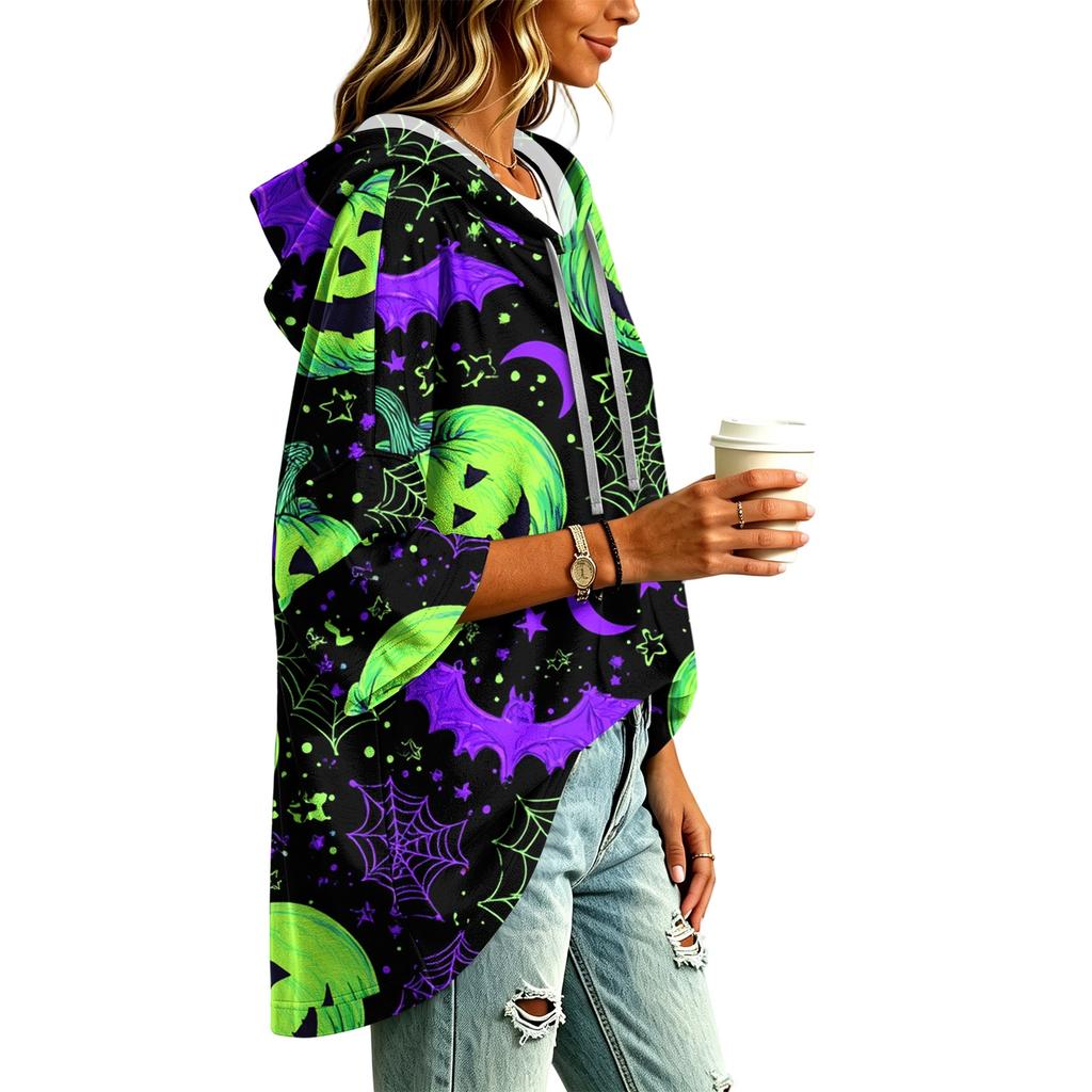 Women's Fashionable Three-Quarter-Sleeve Halloween-Printed Hooded Pullover