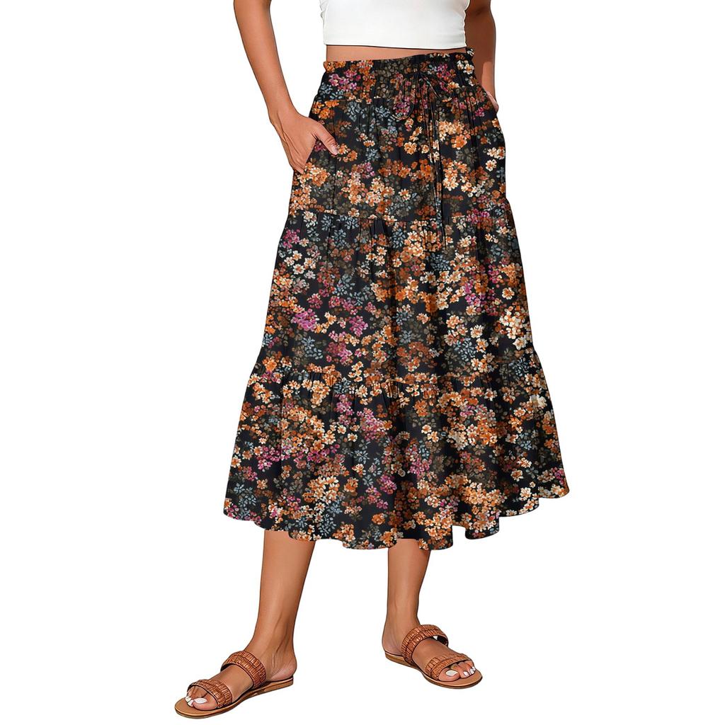 Gonna Maxi da Donna Coulisse Vita Alta Estiva Gonne Lunghe Leggere a Balze Fluide Floreali Plissettate