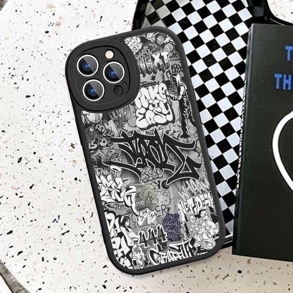 Coole Schwarze Graffiti Handyhülle Hartleder Für iPhone 16 15 14 13 12 Mini 11 14 Pro Max Xs X Xr 7 8 Plus Fundas
