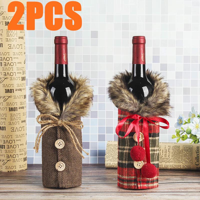 1/2PC Christmas Wine Bottle Cover Party Dining Table Wine Bottle Decoration Striped Checkered Wine Bottle Cover Home Table Decar