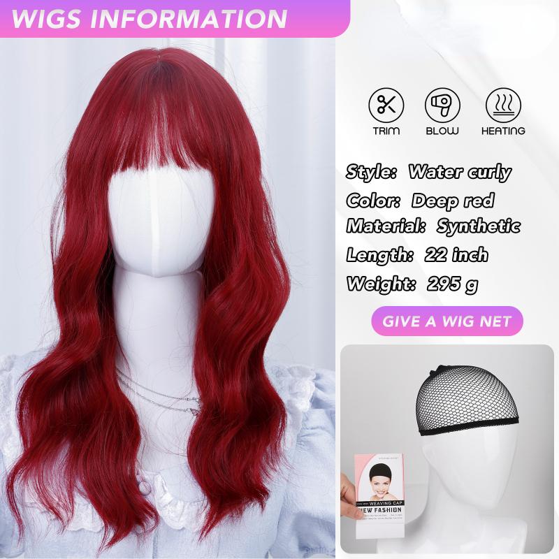 Red Water Curly Wave Bangs Wig 22 Inch  Fiber Synthetic Heat-resistant Deep Wave Hair Natural Party or Selfie Korean Fashion
