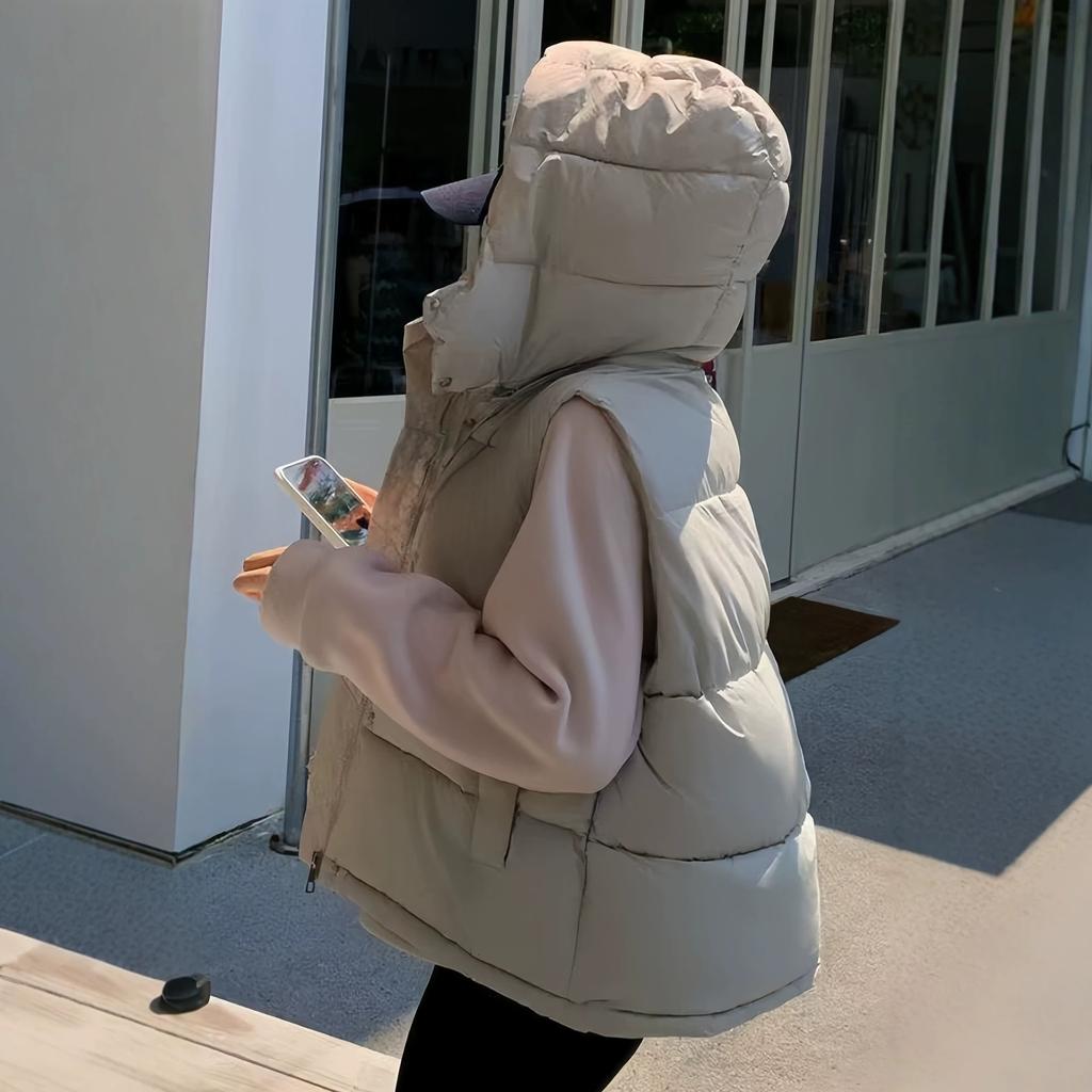Four-grid Puff Down Jacket Vest Sleeveless Short Women's Hooded Thickened Warm Casual Bread Jacket