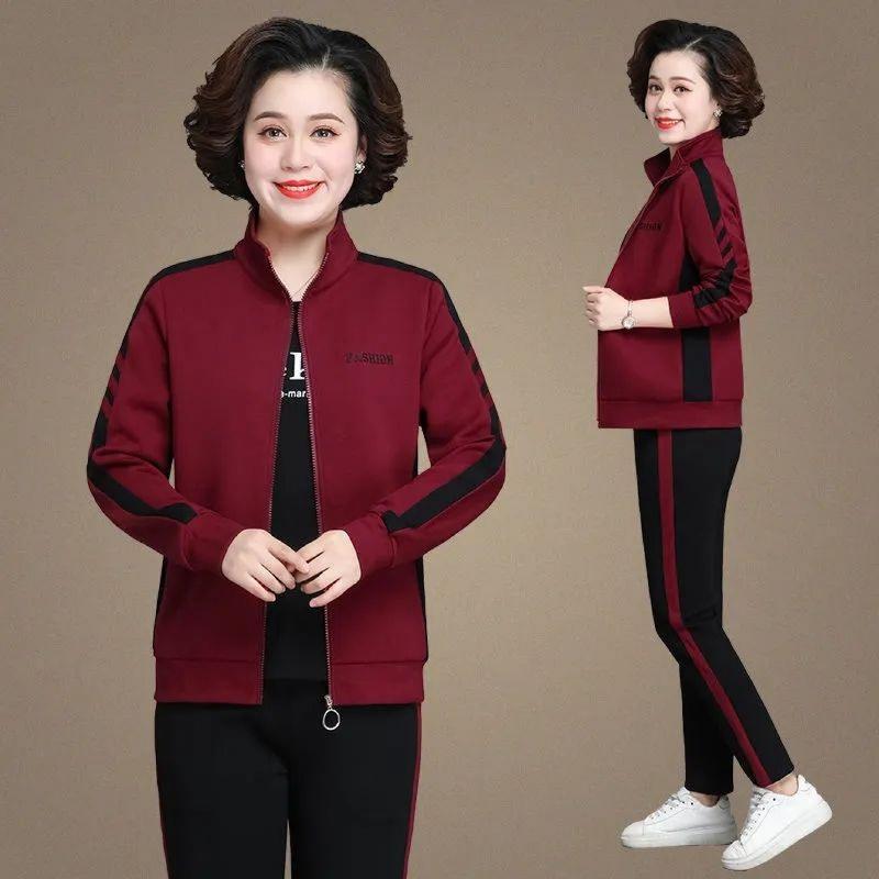 New Style Mom Outfit Middle-aged and Elderly Casual Sportswear Set for Women Spring and Autumn Large Size Stand Collar Sweatshirt Two-piece Set