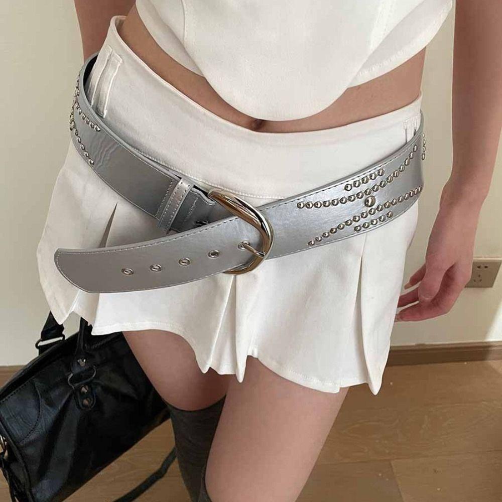 Y2K Wide Belt Silver PU Leather Waistbands Vintage Rivet Waist Belt  Jeans