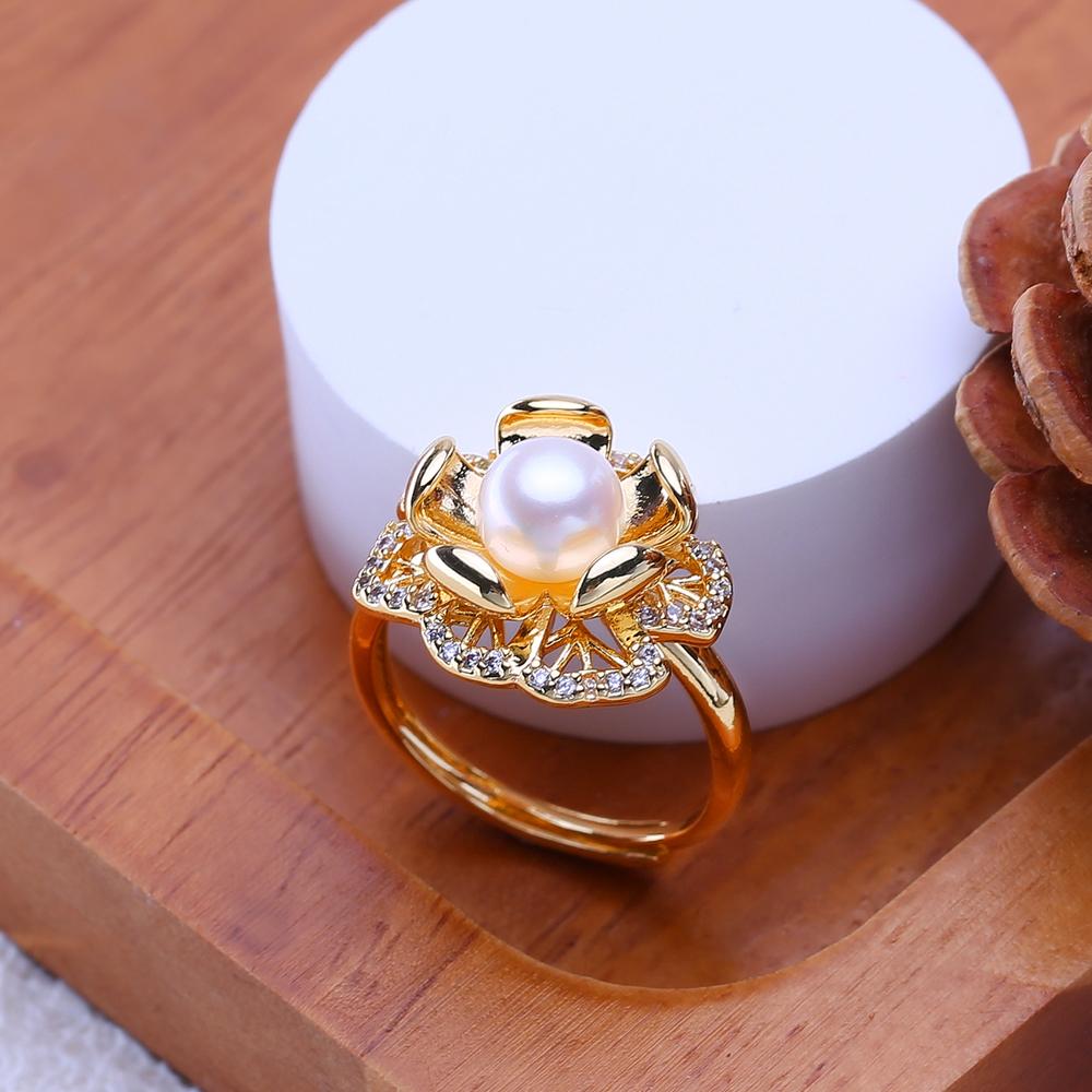 LSOOYH Freshwater Pearl Rings for Women Luxury Wedding Party Gold Color Flower Ring,Birthday Gifts