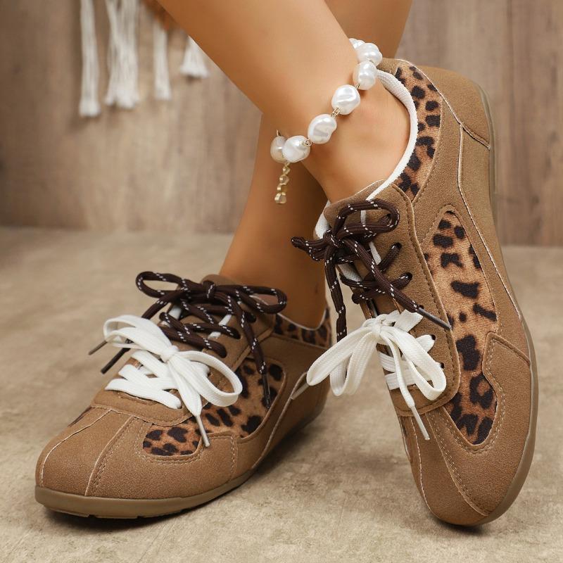 Vielseitige Freizeitschuhe für Frühling/Herbst – Atmungsaktive Zweifarbige Schnürschuhe mit Leopardenmuster, Retro-Flachschuhe, Deutsche Trainingsschuhe für Damen in Rosa