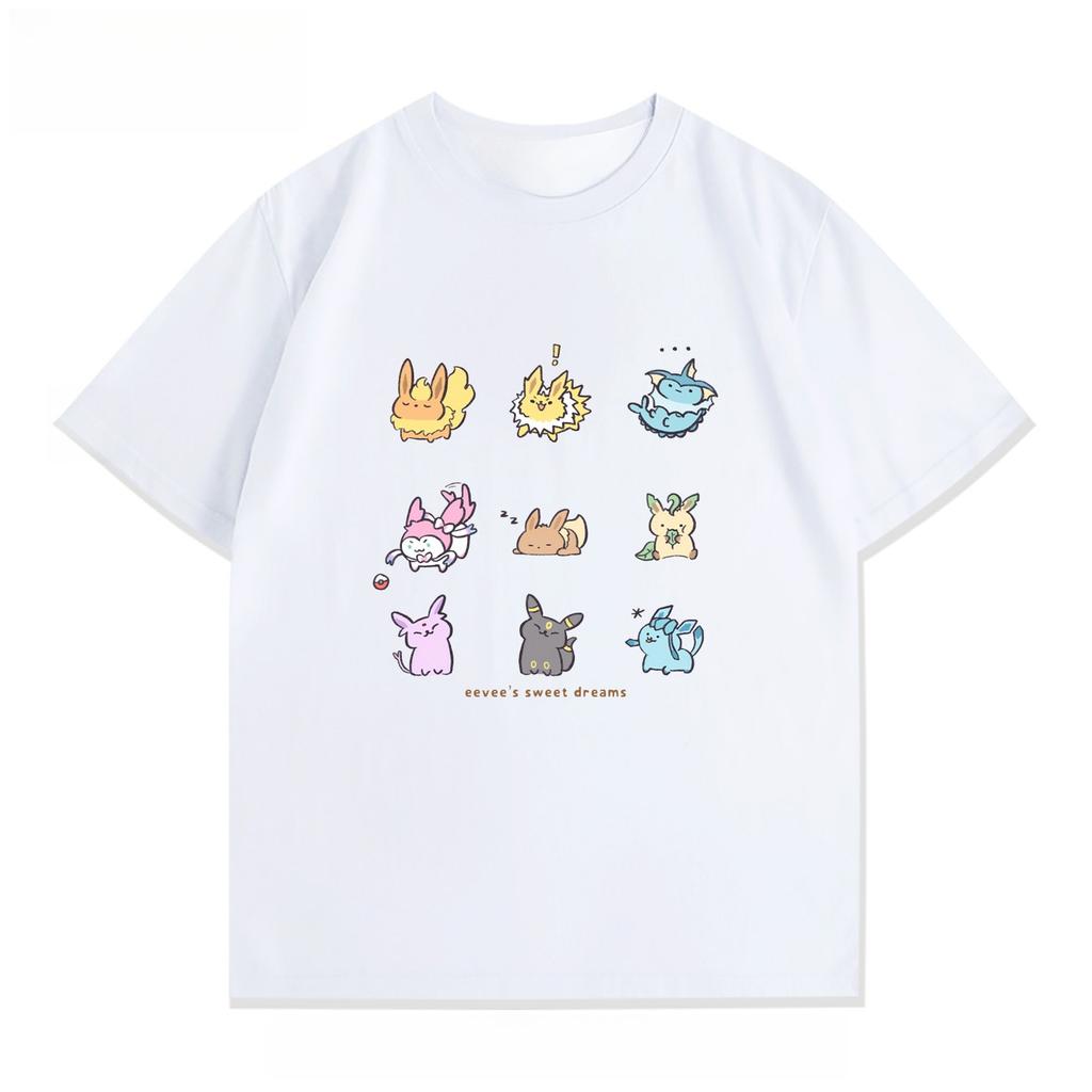 Pokmon Pocket Eevee Summer New Printed Tshirt Unisex Cotton Street Y2k Harajuku Loose Sleeve Unisex Comfortable